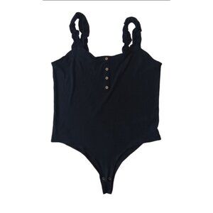 Full Circle Trends Plus Size Solid Black Ribbed Ruffle Strap Bodysuit Women's 2X